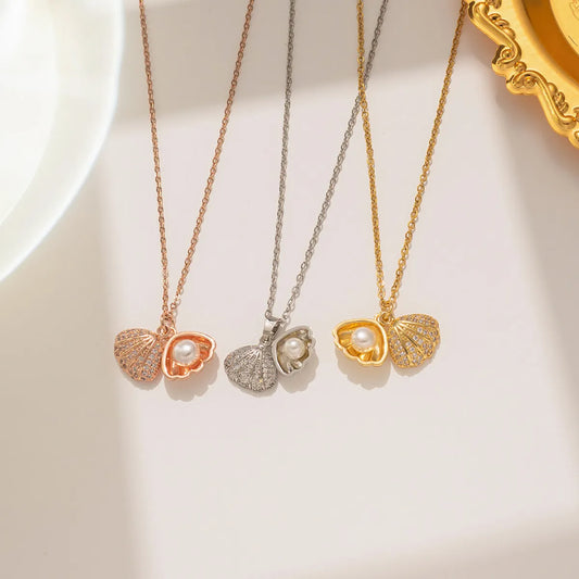 Simple Style Shell Stainless Steel Inlay Pearl Pendant Necklace