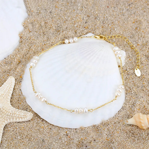 Simple Style Solid Color Freshwater Pearl Sterling Silver Beaded Women'S Anklet