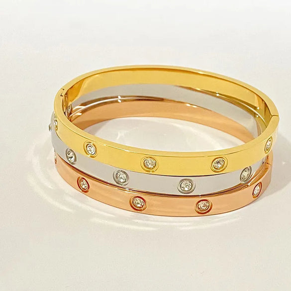Simple Style Solid Color Stainless Steel Plating Inlay Artificial Gemstones Bangle