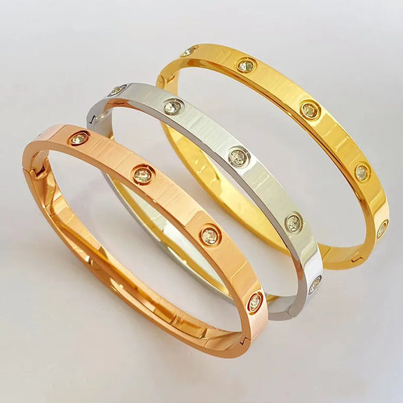 Simple Style Solid Color Stainless Steel Plating Inlay Artificial Gemstones Bangle