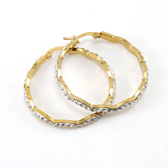 Simple Style Waves Plating 304 Stainless Steel Rhinestones 18K Gold Plated Hoop Earrings