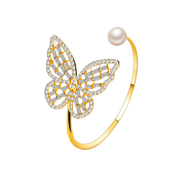 Simple Temperament All Match Hollow Zircon Butterfly Alloy Bracelet With Exaggerated Pearl Crystal Opening And Adjustable Electroplated
