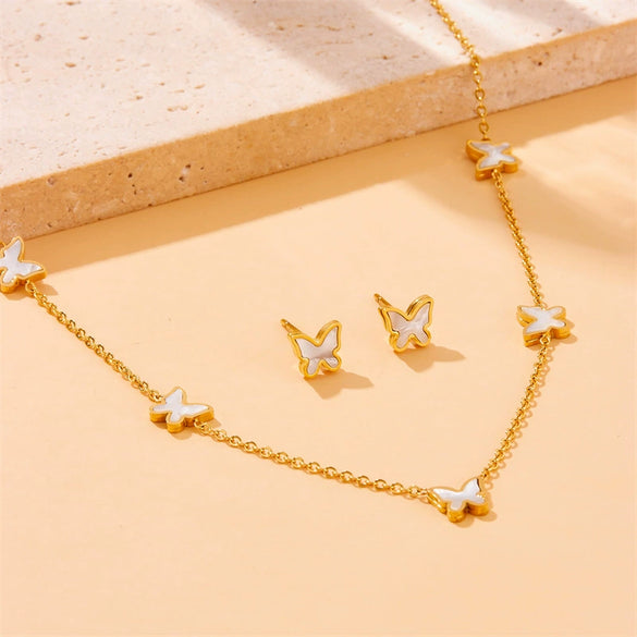 Simple Temperament White Shellfish Butterfly Women's Accessories Chain Bracelet Earrings Necklace Set In Stainless Steel With Insect Pattern And Electroplating