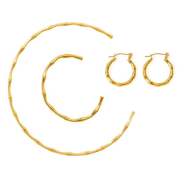 Simple Thin Bamboo Opening Necklace Bracelet Earrings Set In Titanium Steel With Slub Pattern And 18K Gold Plated Electroplating Unisex