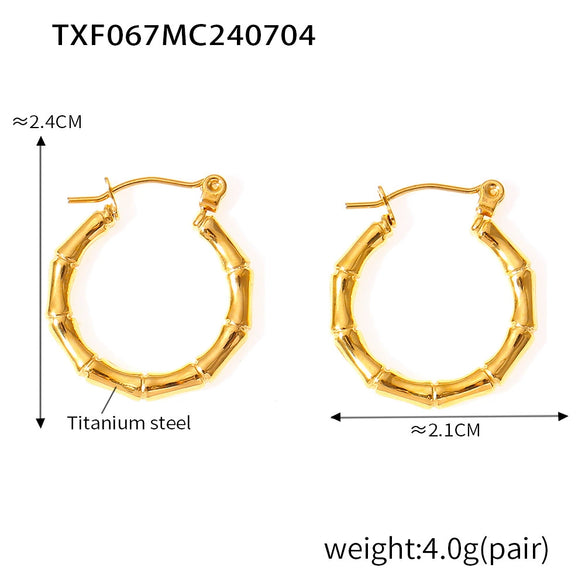 Simple Thin Bamboo Opening Necklace Bracelet Earrings Set In Titanium Steel With Slub Pattern And 18K Gold Plated Electroplating Unisex