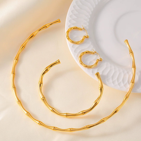 Simple Thin Bamboo Opening Necklace Bracelet Earrings Set In Titanium Steel With Slub Pattern And 18K Gold Plated Electroplating Unisex