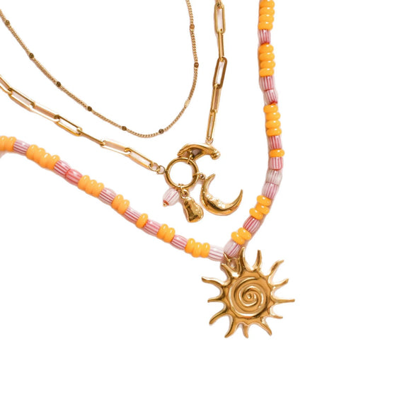 Simple Titanium Steel And Stainless Steel Necklace With Sun Moon Palm Pendant And Colorful Beaded Chain Electroplated