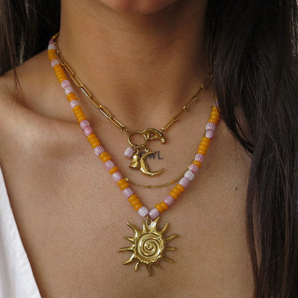 Simple Titanium Steel And Stainless Steel Necklace With Sun Moon Palm Pendant And Colorful Beaded Chain Electroplated