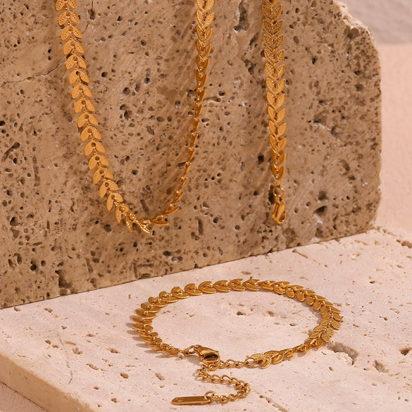Simple Titanium Steel And Stainless Steel Plated 18K Gold Leaves Fishtail Chain Bracelet Anklet Necklace Set With Geometric Design And Electroplating Treatment