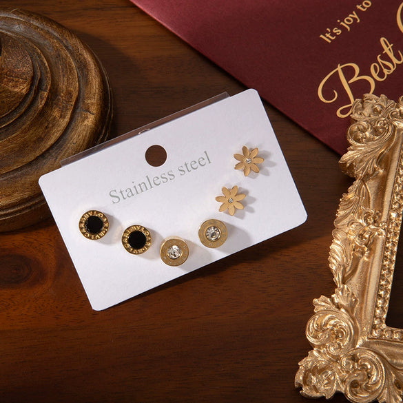 Simple Titanium Steel Flower Round Earrings Inlaid With Zircon Electroplated Threepiece Set For Women