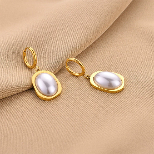 Simple Titanium Steel Handmade Earrings With Shell Beads Geometric Pattern 18K Gold Plated