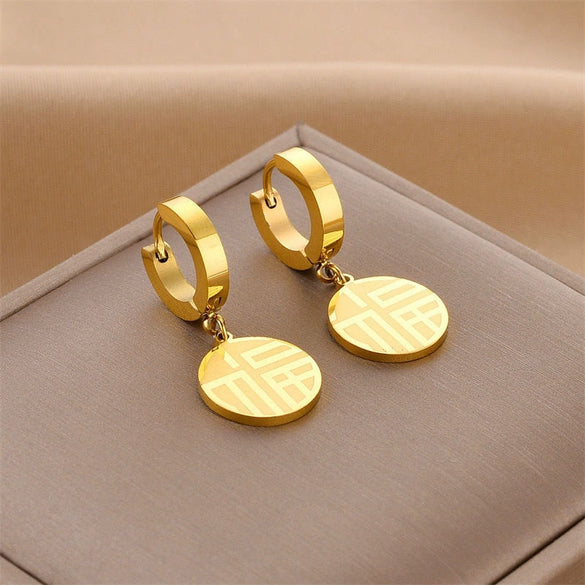 Simple Titanium Steel Letter Pendant Necklace And Earrings Set With Round Charm And Box Chain For Women