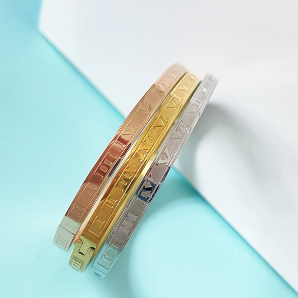 Simple Titanium Steel Open Cuff Bracelet For Women With Roman Numeral Electroplated Design Fashion Versatile Non Fading Jewelry
