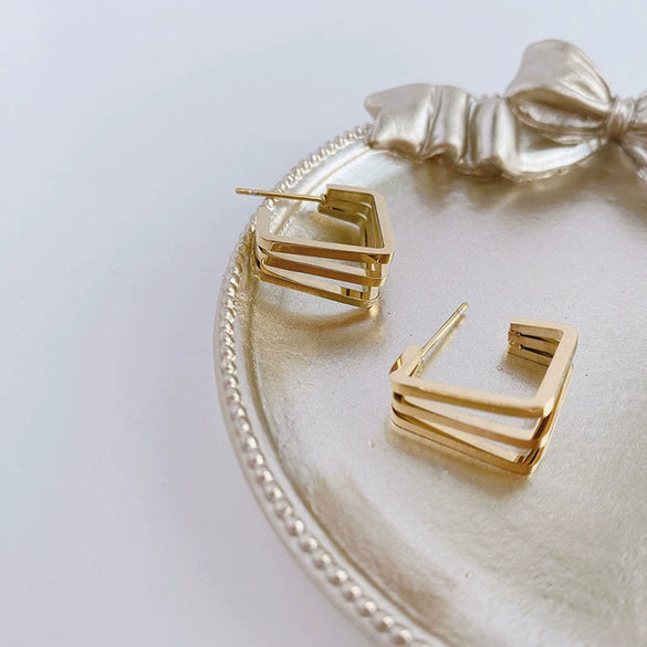 Simple Titanium Steel Square Ring Earrings For Female With Geometric Design And High Grade 18K Golden Finish