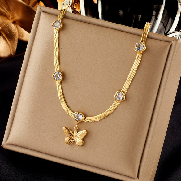 Simple Transparent Green Heart Diamond Butterfly Pendant Snake Bone Chain Stainless Steel Jewelry With Electroplating For Women