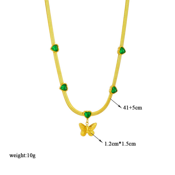 Simple Transparent Green Heart Diamond Butterfly Pendant Snake Bone Chain Stainless Steel Jewelry With Electroplating For Women