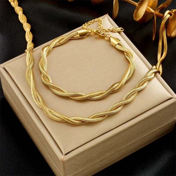 Simple Unisex Braided Twist Goldplated Titanium Steel Chain Jewelry Necklace Bracelet Set With Electroplating