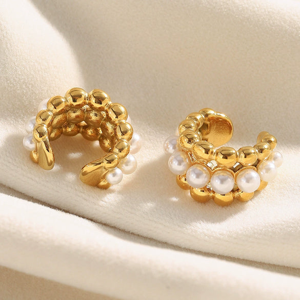 Simple Versatile Elegant Geometric Stainless Steel 18K Gold Plated Imitation Pearl Ball Bead Ear Clip For Women