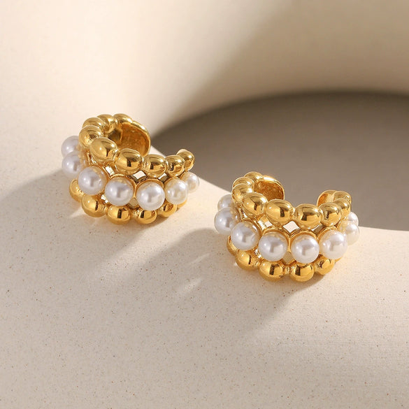 Simple Versatile Elegant Geometric Stainless Steel 18K Gold Plated Imitation Pearl Ball Bead Ear Clip For Women