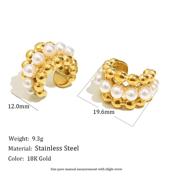 Simple Versatile Elegant Geometric Stainless Steel 18K Gold Plated Imitation Pearl Ball Bead Ear Clip For Women