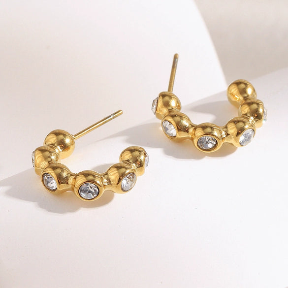 Simple Versatile Geometric Fashion Earrings For Women Stainless Steel 18K Gold Plated Round Bead Zircon Electroplated