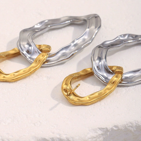 Simple Versatile Highend Commuter Hoop Earrings Stainless Steel 18K Gold Plated Hammered Geometric Pattern For Women