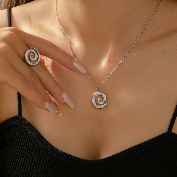 Simple Vortex Pendant Clavicle Necklace And Ring Jewelry Suit In Titanium Steel With Gold Plated Electroplating