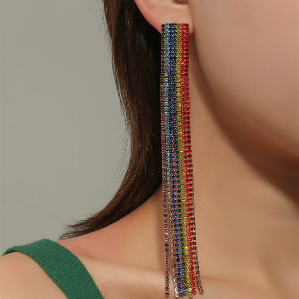 Simple Water Drop Rhinestone Earrings For Women With Claw Chain Long Tassel Electroplating Treatment