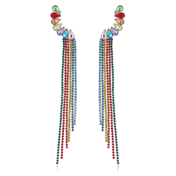Simple Water Drop Rhinestone Earrings For Women With Claw Chain Long Tassel Electroplating Treatment