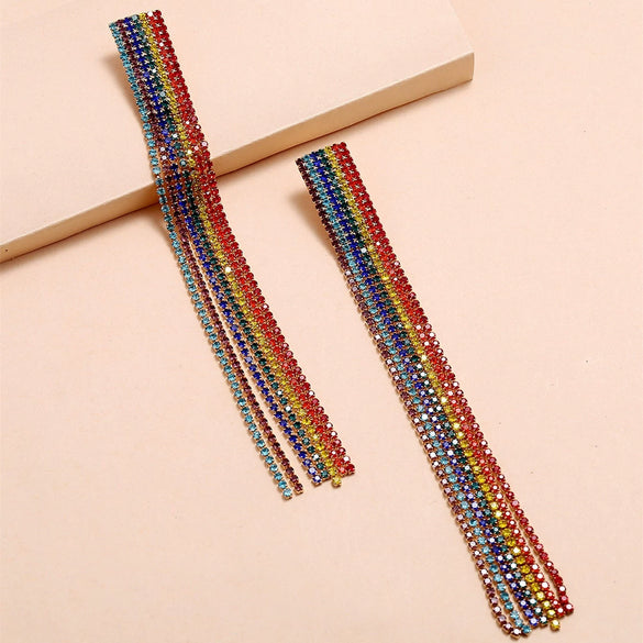 Simple Water Drop Rhinestone Earrings For Women With Claw Chain Long Tassel Electroplating Treatment