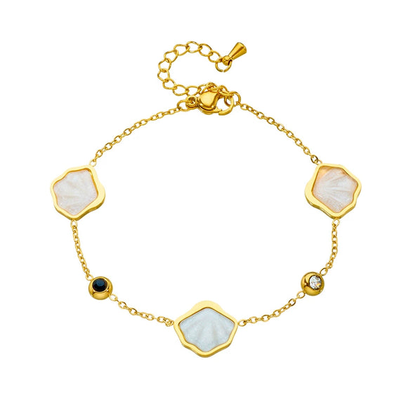Simple White Shell Style Women's Stainless Steel Bracelet With Geometric And Leaf Pattern Electroplated