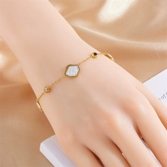 Simple White Shell Style Women's Stainless Steel Bracelet With Geometric And Leaf Pattern Electroplated