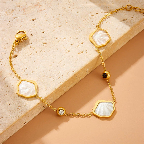 Simple White Shell Style Women's Stainless Steel Bracelet With Geometric And Leaf Pattern Electroplated