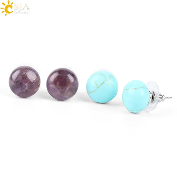 Simple Women's Round Natural Stone Drop Earrings With Marble Pattern And Electroplated Copper Accessories