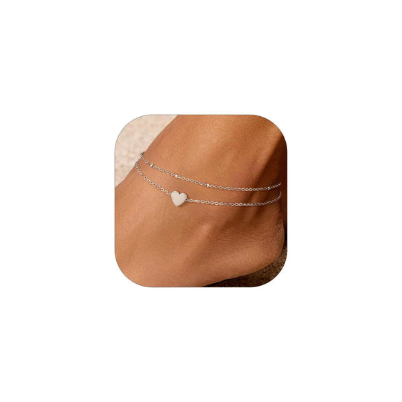 Simple Women's Stainless Steel Double Layer Chain Anklet With Heart Shaped Pendant Fashion Jewelry Accessory