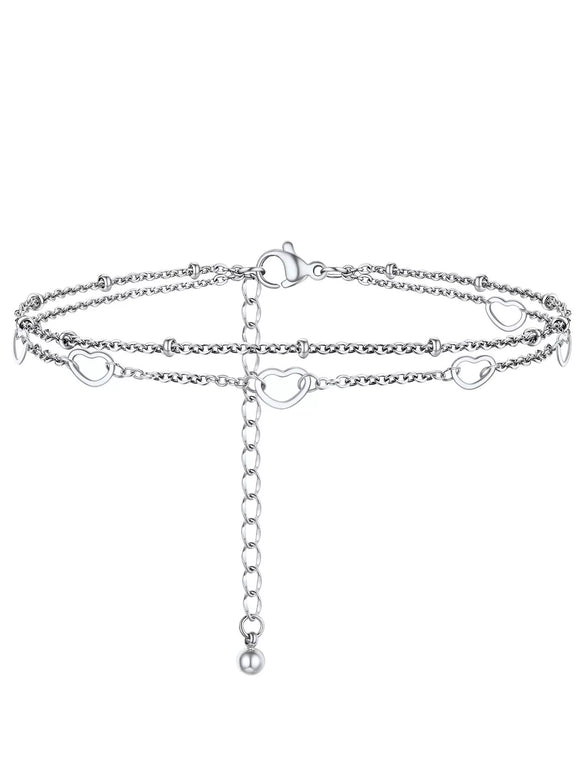 Simple Women's Stainless Steel Double Layer Chain Anklet With Heart Shaped Pendant Fashion Jewelry Accessory