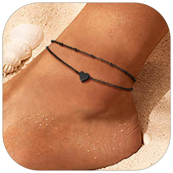 Simple Women's Stainless Steel Double Layer Chain Anklet With Heart Shaped Pendant Fashion Jewelry Accessory