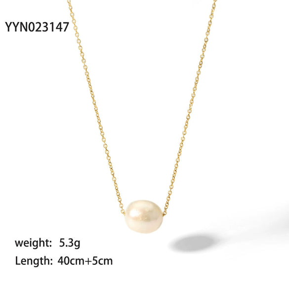 Simple Women's Titanium Steel Necklace With 18K Gold And Single Freshwater Pearl Geometric Styling Pvdp Furnace Real Gold Treatment