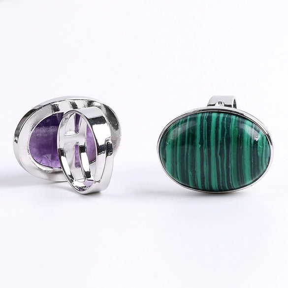 Single Semiprecious Stone Ring Copper Ring Adjustable Female Ring Multicolor Mixed Batch Oval Convex Natural Stone Creative Gift