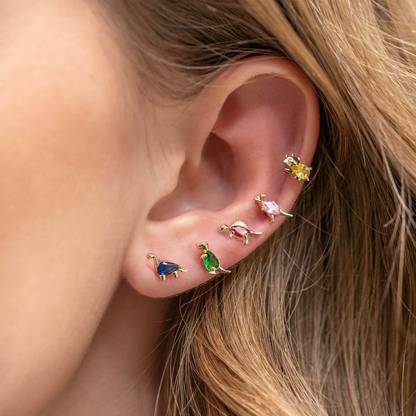 Small Dinosaur Element Earrings Copper Zircon Plated Real Gold Color Jewelry