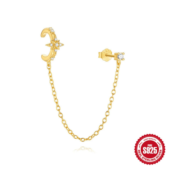 Small Ear Clip Earrings S925 Silver Niche Design Light Luxury Six Pointed Star Geometric Element Diamond Sleeve Chain