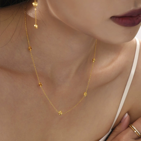 Small Flower Tassel Earrings And Clavicle Chain Set Stainless Steel Pvd Plated Light Luxury Plant Flower Pattern Jewelry For Women