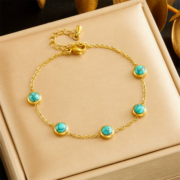 Small Fresh Summer Turquoise Clavicle Chain Round Earrings And Titanium Steel Bracelet For Female With Geometric Pattern And Electroplating Treatment