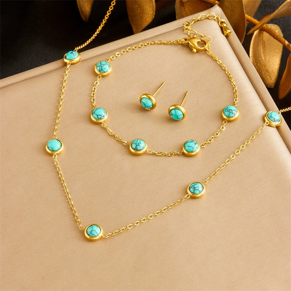 Small Fresh Summer Turquoise Clavicle Chain Round Earrings And Titanium Steel Bracelet For Female With Geometric Pattern And Electroplating Treatment