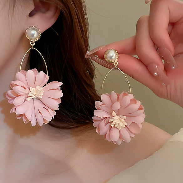 Small Fresh Sweet Flower Fabric Earrings With Electroplating Treatment