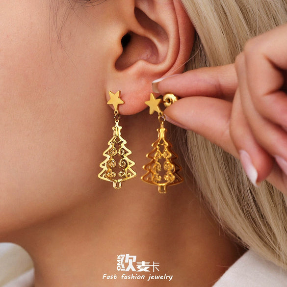 Small Tree Earrings Stainless Steel Geometric Light Luxury Electroplated 18K Real Gold Women's