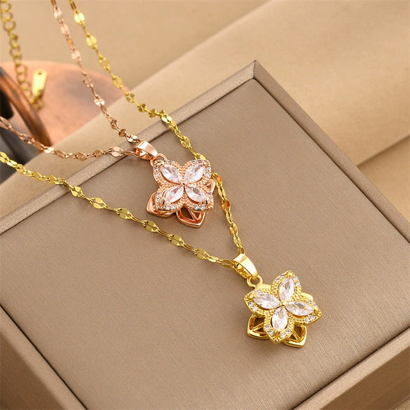 Smart Rotating Fourleaf Clover Necklace For Women Titanium Steel With Mixed Gem Inlay And Electroplating