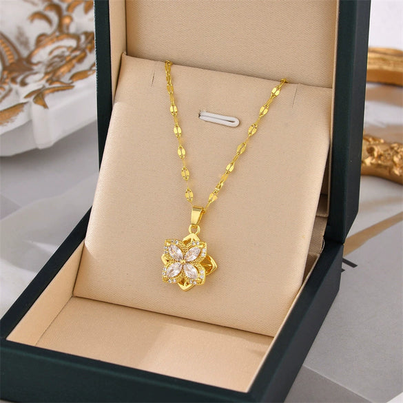 Smart Rotating Fourleaf Clover Necklace For Women Titanium Steel With Mixed Gem Inlay And Electroplating