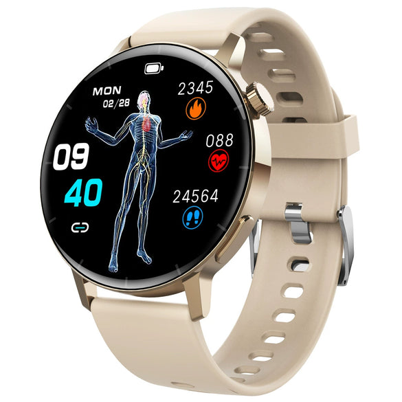 Smart Watch Third Generation Blood Glucose True Blood Oxygen Stress Test Call Exercise Body Temperature Hrv Silicone Wristband Round Dial Sporty Style