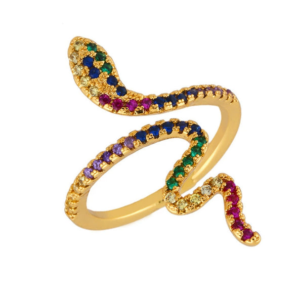 Snake Shape Micro Inlaid Zircon Colorful Diamond Ring Copper Electroplated Adjustable Open Ring Fashion Unisex